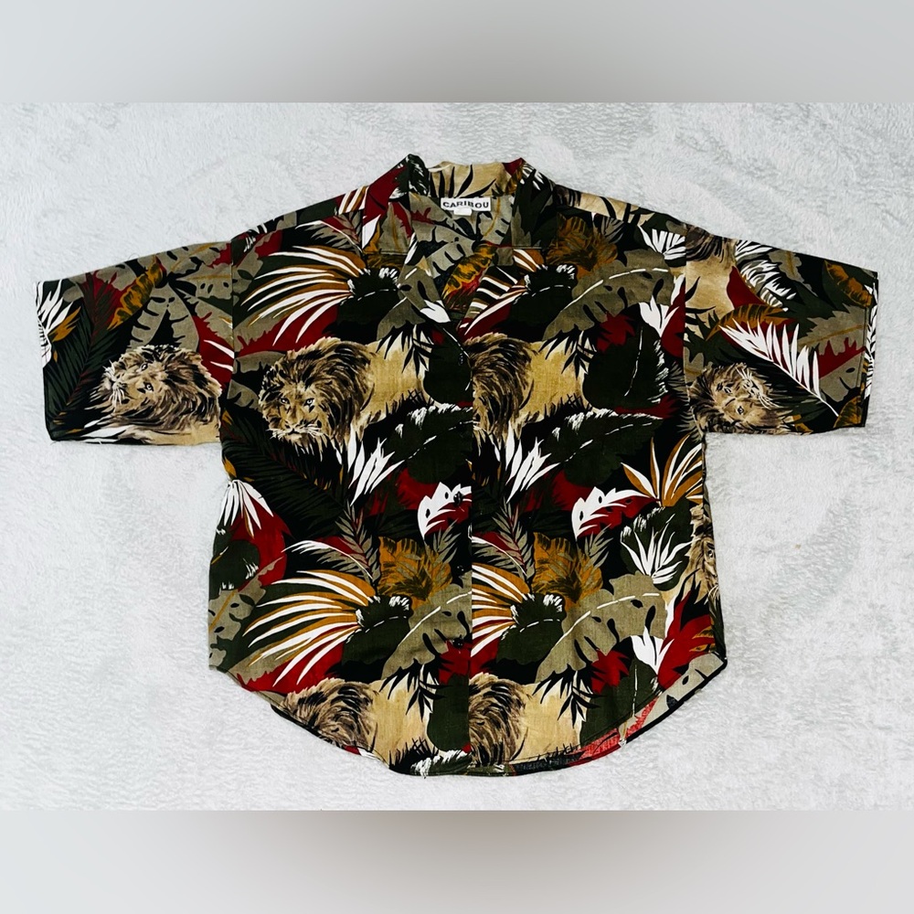VINTAGE 90s Caribou Safari Lion Animal Print Camp Button Shirt Women’s 14 USA